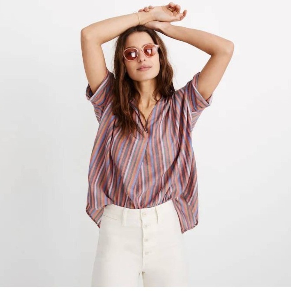 Madewell Courier Button Back Shirt Womens S Rainbow Stripe Cotton Coastal Top